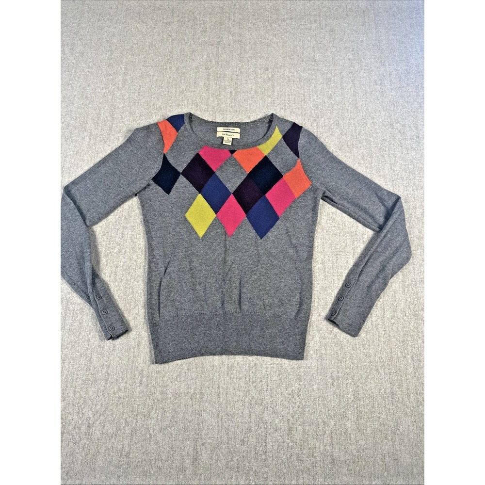 G.H. Bass Argyle Sweater Women XS Gray Cotton Cashmere Knit Button Cuff Pullover